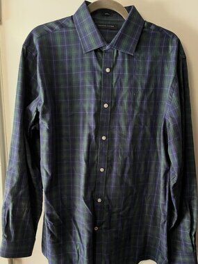 Tommy Hilfiger Plaid Dress Shirt Mens Large Slim Fit Blue Green Long Sleeve